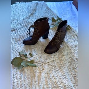 Dark brown vegan leather lace up block heel booties